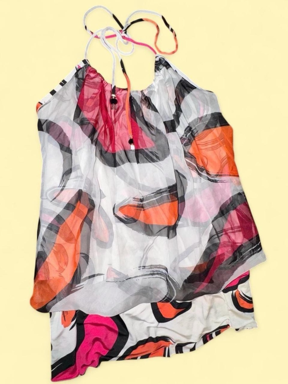 Analili Sheer Halter Camisole in White with Pink & Orange Abstract Print